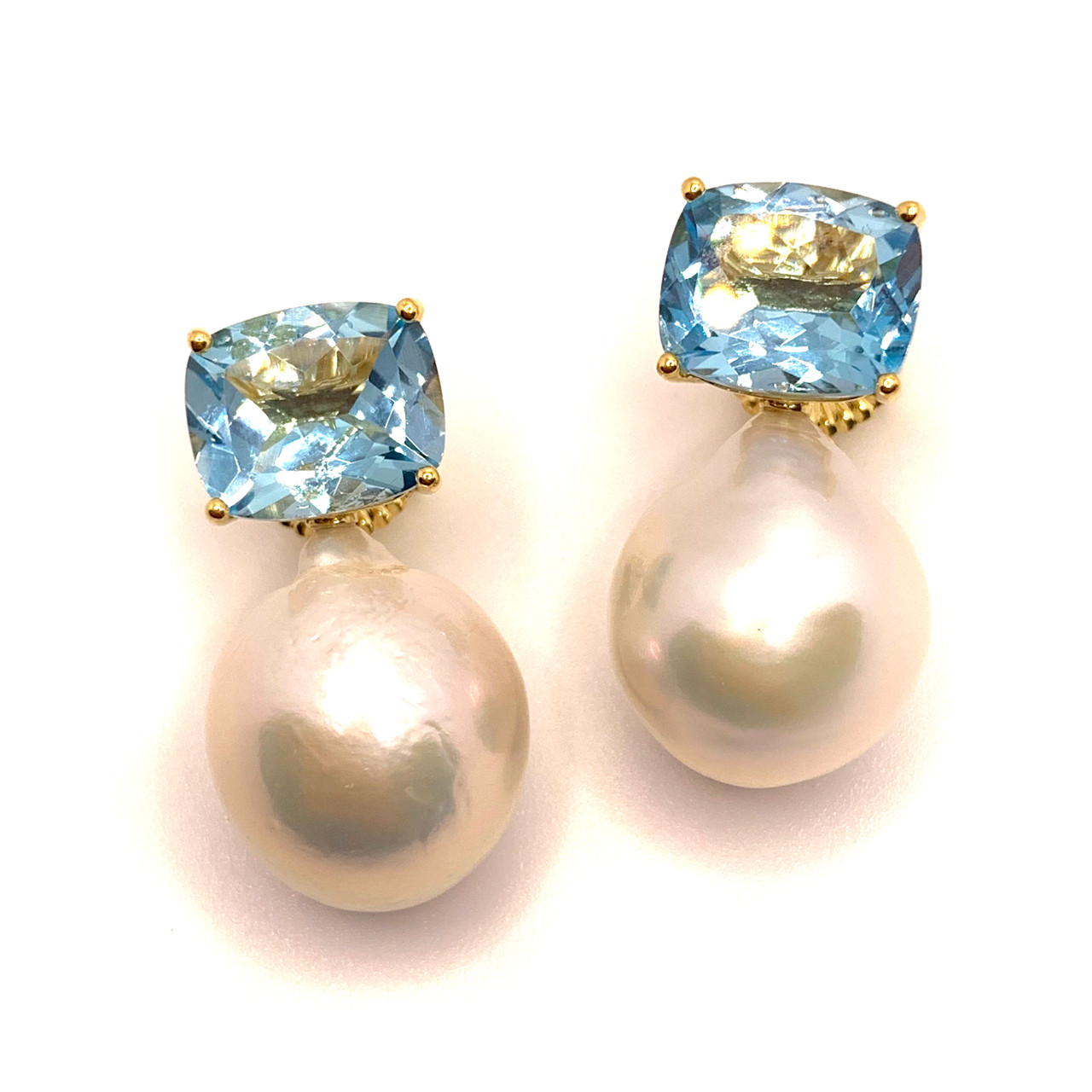 Cushion-cut Blue Topaz and White Baroque Pearl Drop Vermeil Earrings