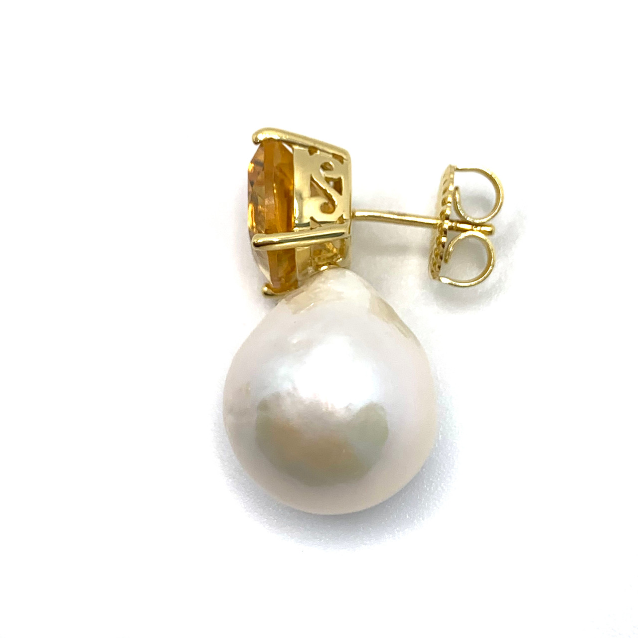 White Baroque Pearl Drop Earrings with Flower Top, Vermeil