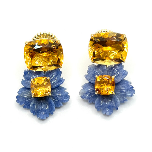 Cushion-cut Citrine with Carved Dumortierite Flower Drop Earrings