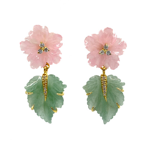 Small Carved Pink Quartzite Flower and Aventurine Leaf Drop Earrings
