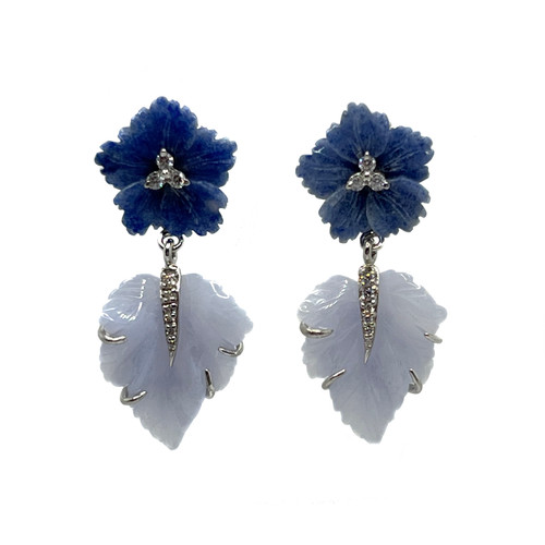 Small Carved Dumortierite Flower and Chalcedony Leaf Drop Earrings