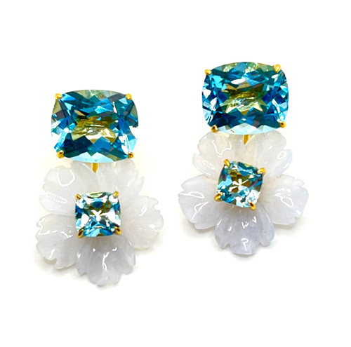 Cushion-cut Blue Topaz with Carved Chalcedony Flower Drop Earrings