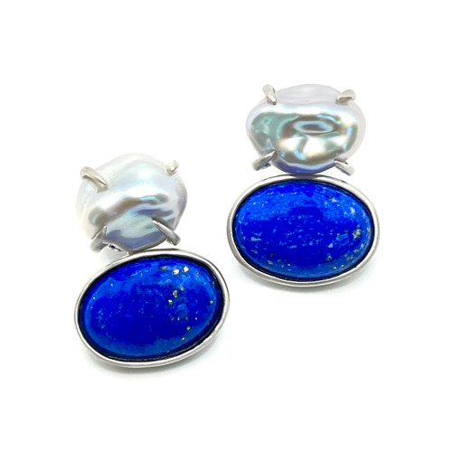 Cultured Grey Keishi Pearl and Cabochon Oval Lapis Lazuli Drop Earrings