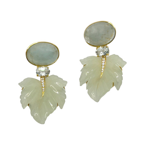 Oval Aquamarine and Carved Serpentine Leaf Drop Earrings