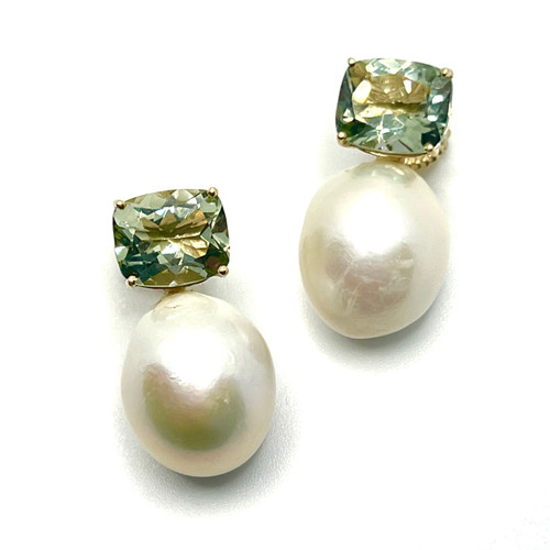 Cushion-cut Prasiolite and White Baroque Pearl Drop Vermeil Earrings