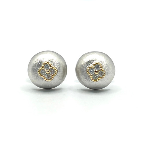 14k White Gold and Diamond Clover Center Round Stud Earrings