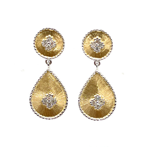 14K Yellow Gold and Diamond Clover Pattern Pear-shape Drop Earrings