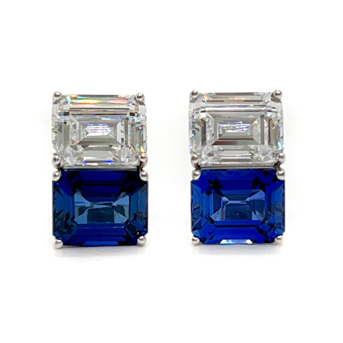 Double Emerald-cut Simulated Diamond and Lab Sapphire Earrings