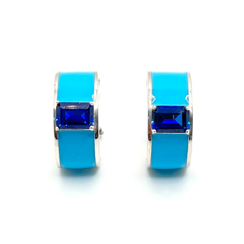 Turquoise Enamel Emerald-cut Sapphire Half Hoop Earrings