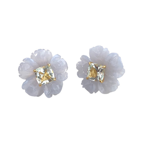 Carved Chalcedony Flower with Cushion Prasiolite Stud Earrings