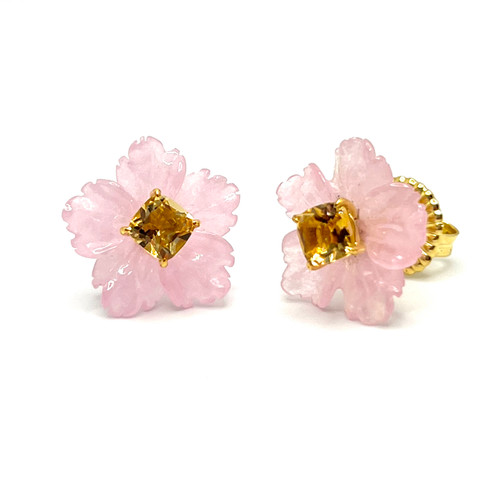 Carved Pink Quartzite Flower with Cushion Citrine Stud Earrings