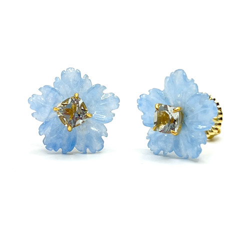 Small Carved Blue Quartzite Flower with Cushion Prasioltie Stud Earrings