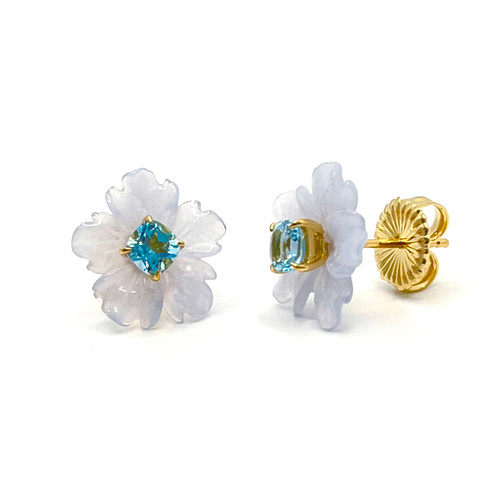 Small Carved Chalcedony Flower with Cushion Blue Topaz Stud Earrings