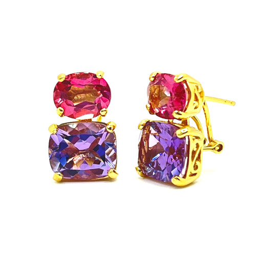 Oval Pink Sapphire & Cushion Amethyst Button Earrings