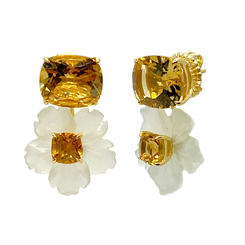 Cushion-cut Citrine with Carved Serpentine Flower Drop Earrings