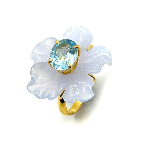 Carved Chalcedony Flower and Oval Blue Topaz Ring