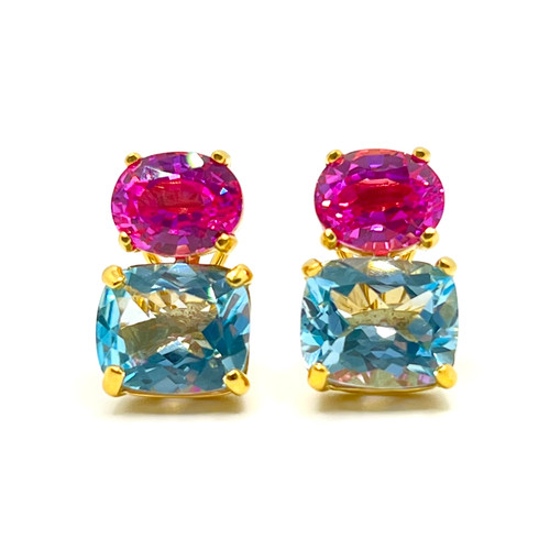 Oval Pink Sapphire & Cushion Blue Topaz Button Earrings