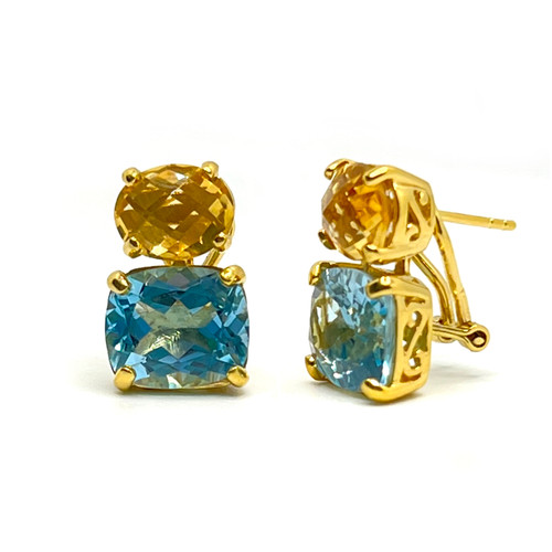 Oval Citrine & Cushion Blue Topaz Button Earrings