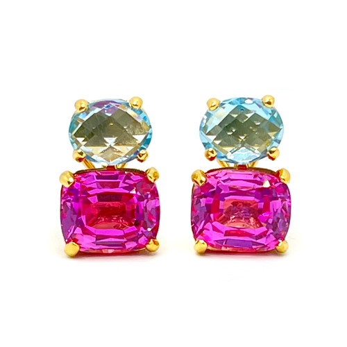 Oval Blue Topaz & Cushion Lab Pink Sapphire Button Earrings