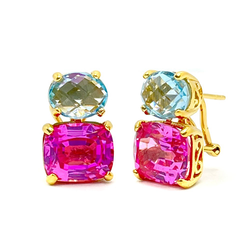Oval Blue Topaz & Cushion Lab Pink Sapphire Button Earrings
