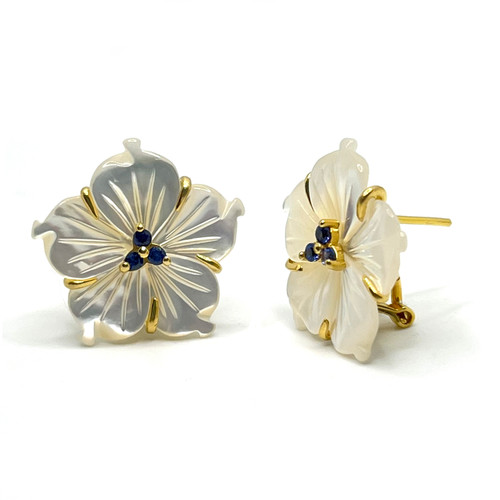 Carved Mother of Pearl Flower with Sapphire Center Earrings