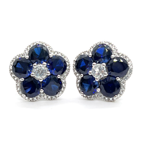 Five Round Sapphire Halo Flower Button Earrings
