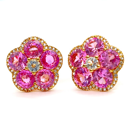 Five Round Pink Sapphire Halo Flower Button Earrings