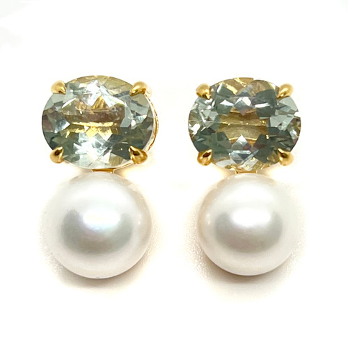 Oval Prasiolite and Cultured Pearl Earrings