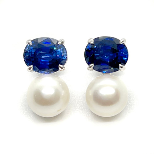 Oval Blue Sapphire and Cultured Pearl Earrings