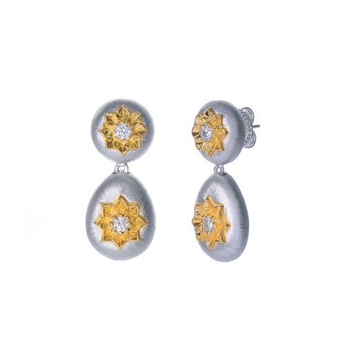 Engraved Flower CZ Drop Two-tone Earrings