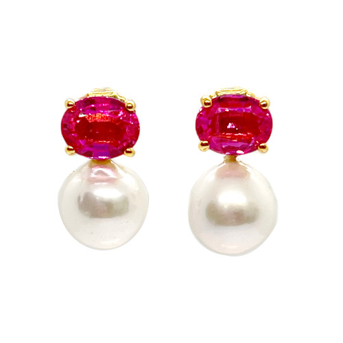 Oval Lab Pink Sapphire and Cultured Pearl Drop Earrings