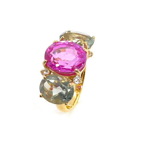 Triple Oval Lab Pink Sapphire and Prasiolite Ring Triple Oval Lab Pink Sapphire and Prasiolite Ring
