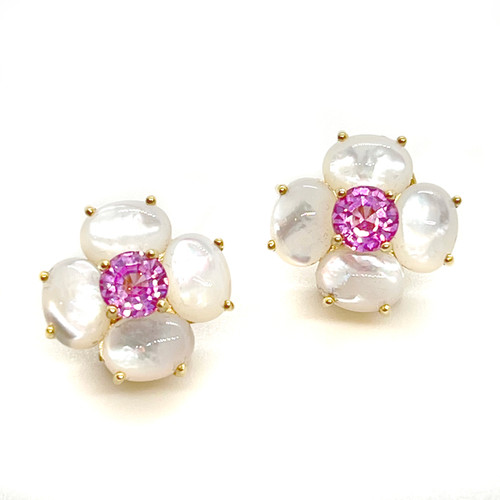 4 Petal Mother of Pearl with Pink Sapphire Center Flower Earrings