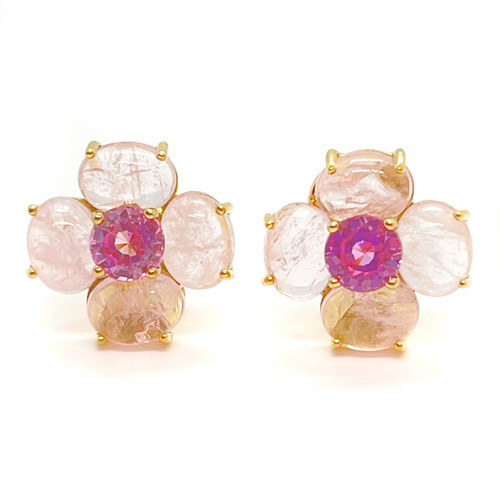 4 Petal Morganite with Pink Sapphire Center Flower Earrings