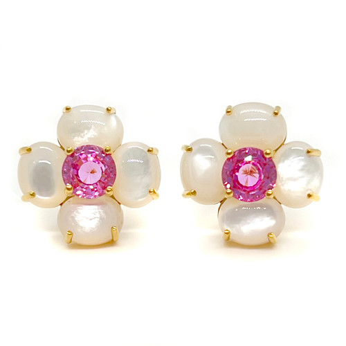 Large 4 Petal Mother of Pearl with Pink Sapphire Flower Earrings