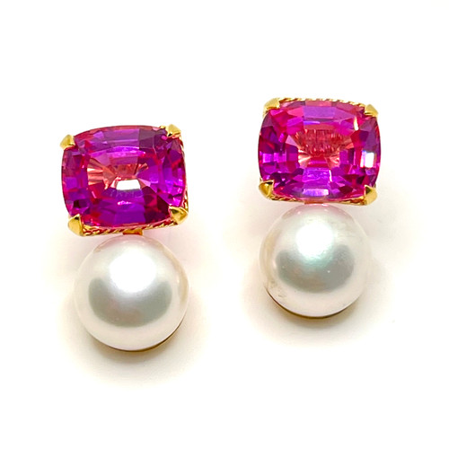 Cushion-cut Lab Pink Sapphire and Cultured Pearl Earrings