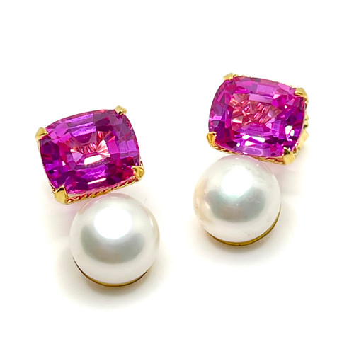 Cushion-cut Lab Pink Sapphire and Cultured Pearl Earrings
