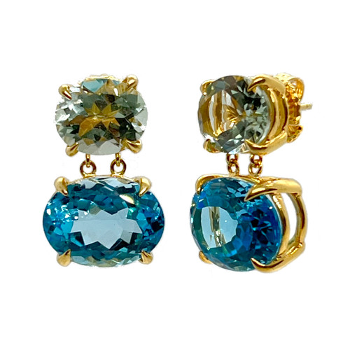 Double Oval Prasiolite and Blue Topaz Drop Earrings