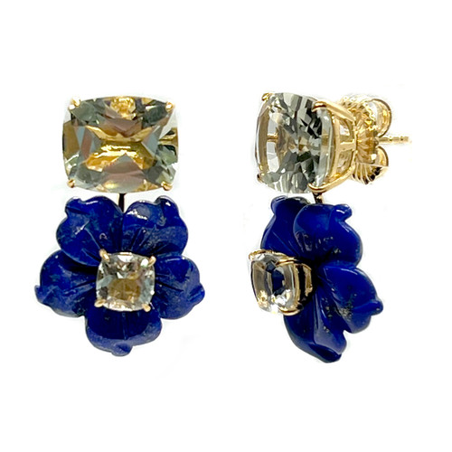 Cushion-cut Prasiolite with Carved Lapis Lazuli Flower Drop Earrings