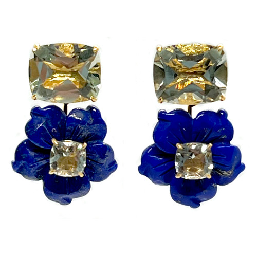Cushion-cut Prasiolite with Carved Lapis Lazuli Flower Drop Earrings