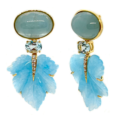 Oval Cabochon Aquamarine and Carved Blue Quartzite Leaf Drop Earrings