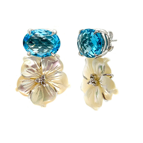 Medium Oval Blue Topaz and Carved Mother of Pearl Flower Drop Earrings