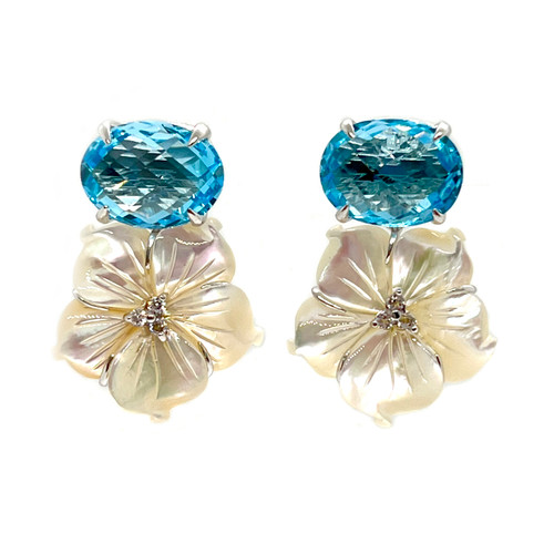 Medium Oval Blue Topaz and Carved Mother of Pearl Flower Drop Earrings