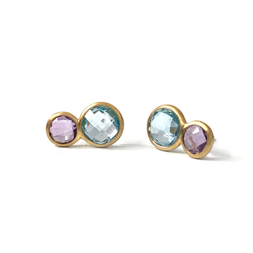 Double Round Amethyst & Blue Topaz Stud Earrings