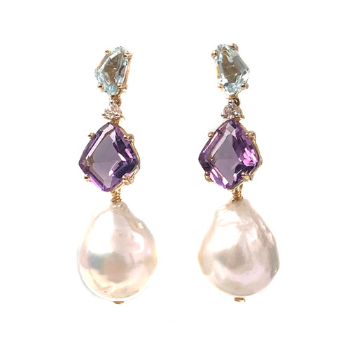 Fancy-cut Blue Topaz, Amethyst, and Baroque Pearl Drop Earrings