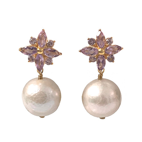 Amethyst Flower and White Pearl Drop Earrings