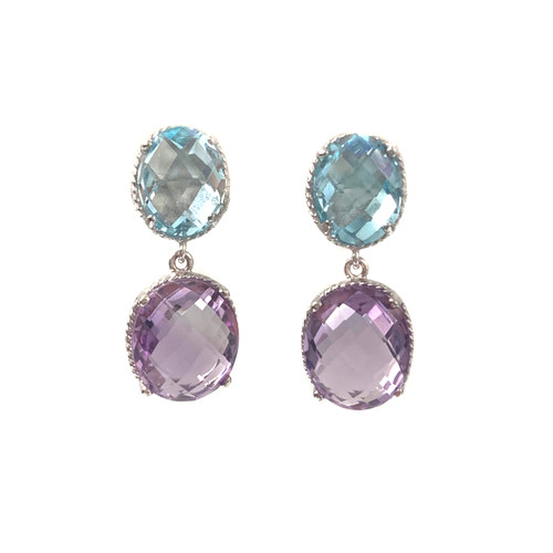 Double Oval Blue Topaz and Amethyst Drop Earrings