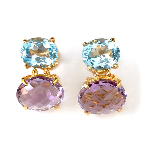 Double Oval Med Blue Topaz and Amethyst Drop Vermeil Earrings