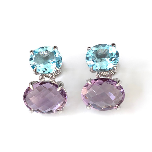 Double Oval Med Blue Topaz and Amethyst Drop Earrings