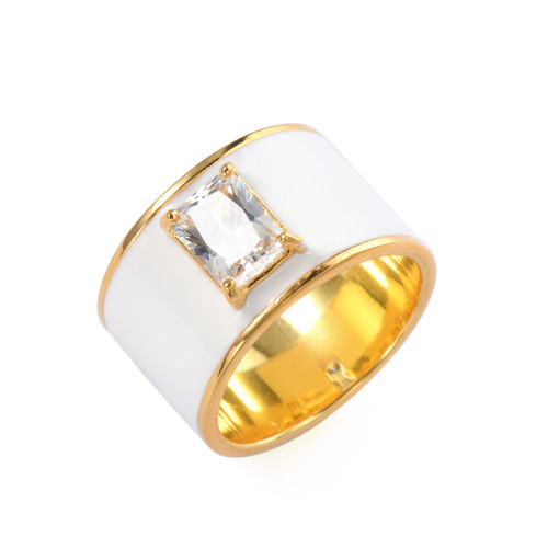 Octagon Faux Diamond White Enamel Wide Band Vermeil Ring